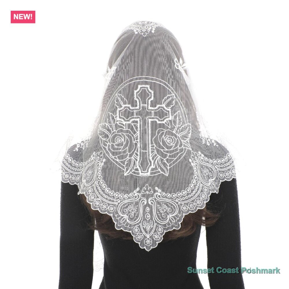 Polyester Lace Mantilla Veil with Cross Rose Embroidery for Church